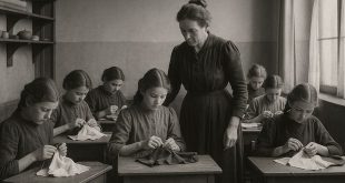 Naai-matres met leerlingen in de klas omstreeks 1900