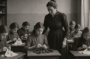 Naai-matres met leerlingen in de klas omstreeks 1900