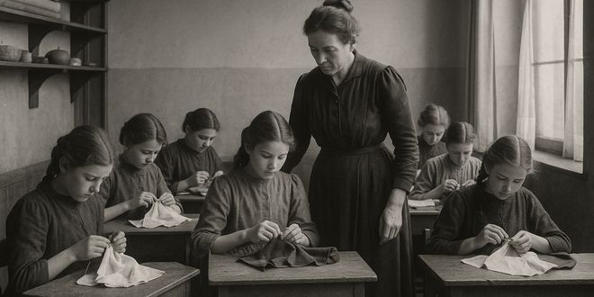 Naai-matres met leerlingen in de klas omstreeks 1900