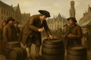Pegelaar - een oud en vergeten beroep - Schilderij - Op de markt in Brugge